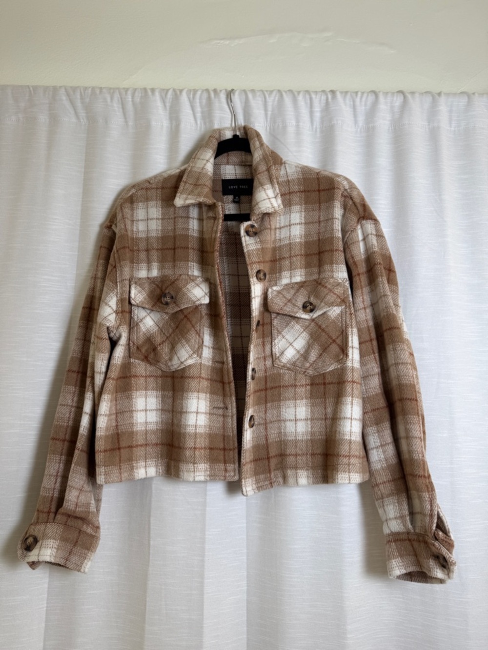 Love Tree Beige Plaid Cropped Shacket Button Front Jacket Neutral Cozy | Size M - Picture 4 of 12